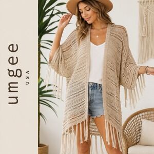 Umgee M/L Boho Crochet Fringe Open Front Kimono Cardigan Beige Cotton Blend